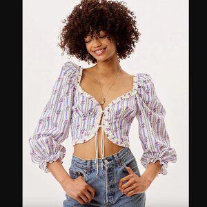 For Love & Lemons Dahlia White Blue Purple Stripe Floral Tie Front Crop Top XS